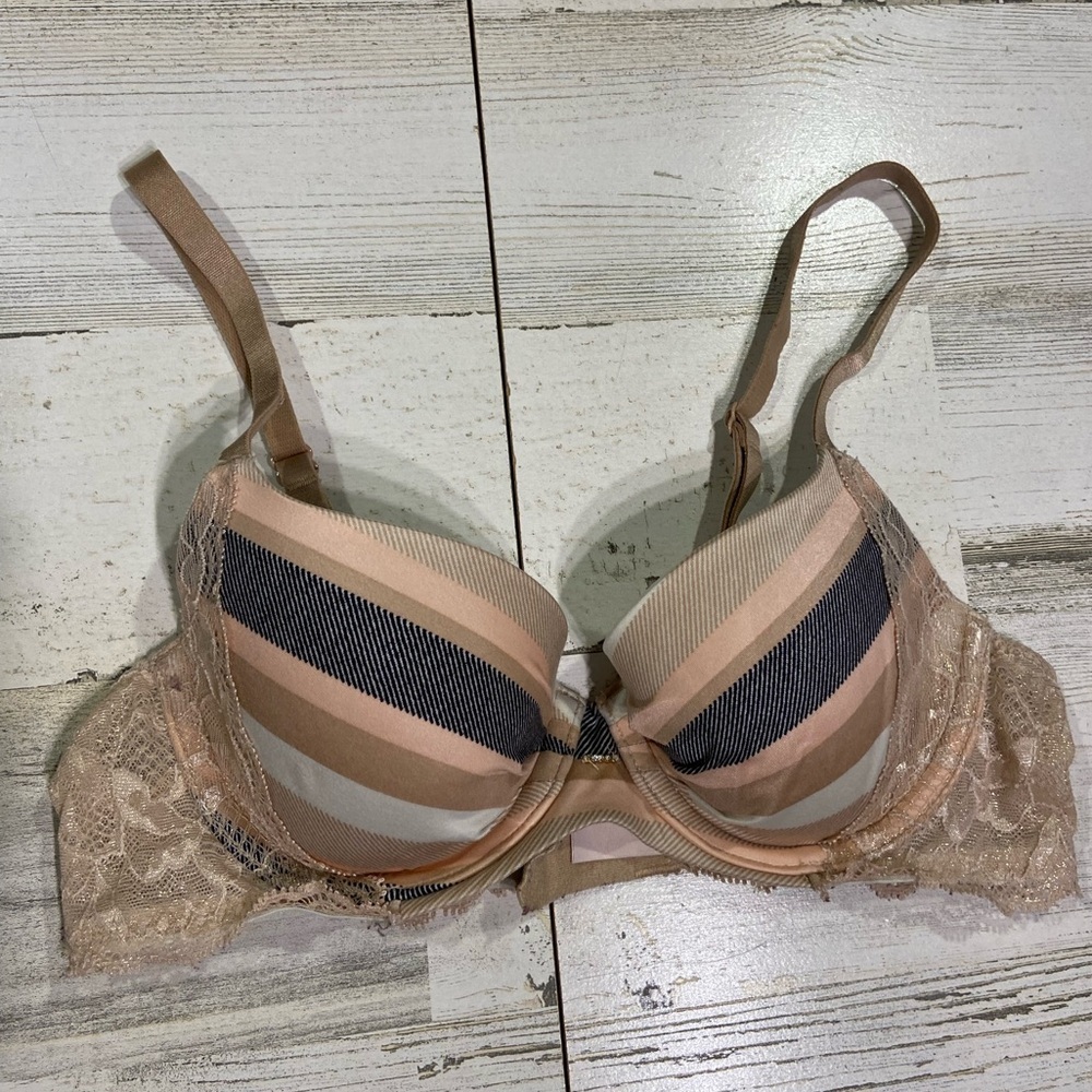 Victorias Secret Tan Pink Striped Sparkly Lace Lined Demi Bra 32B